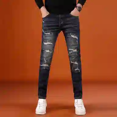 吉肯蒂 破洞男士款美式高端潮牌弹力修身小脚裤牛仔裤 男款