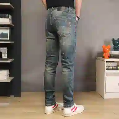 吉肯蒂 秋冬高端破洞裤男修身小脚裤漆点复古弹力时尚百搭牛仔裤 男款