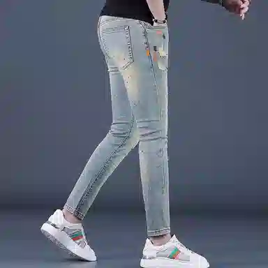 吉肯蒂 高端破洞印花九分裤修身小脚弹力紧身裤子牛仔裤 男款