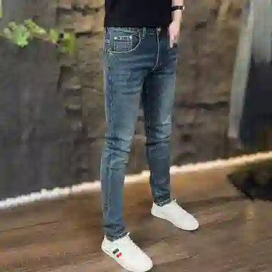 吉肯蒂 高端秋冬款牛仔裤男潮牌时尚修身小脚印花韩版弹力长裤 男款