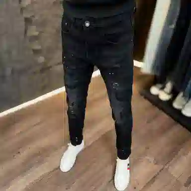 吉肯蒂 秋冬厚款抓绒男士修身小脚牛仔裤弹力破洞长裤 男款