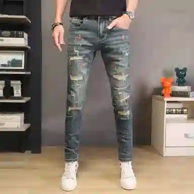 吉肯蒂 秋冬高端破洞裤男修身小脚裤漆点复古弹力时尚百搭牛仔裤 男款