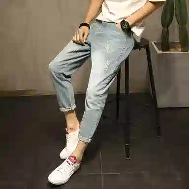 吉肯蒂 破洞薄款乞丐宽松直筒九分牛仔裤 男款