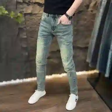 吉肯蒂 潮流修身百搭弹力时尚小脚裤破洞牛仔裤 男款