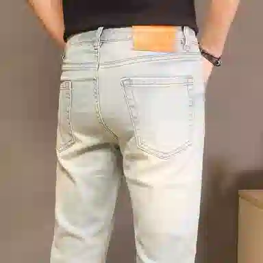 吉肯蒂 高端薄款破洞裤九分裤裤子潮流补丁浅色修身小脚裤牛仔裤 男款
