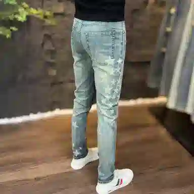 吉肯蒂 高端复古印花潮流修身裤长裤牛仔裤 男款