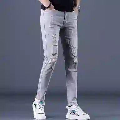 吉肯蒂 潮流薄款修身破洞九分裤修身休闲韩版牛仔裤 男款