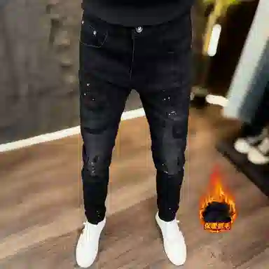 吉肯蒂 秋冬厚款抓绒男士修身小脚牛仔裤弹力破洞长裤 男款