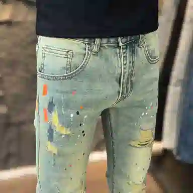 吉肯蒂 夏薄款复古九分破洞男弹力修身潮牌喷漆补丁休闲紧身小脚裤牛仔裤 男款