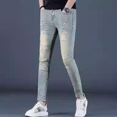 吉肯蒂 高端破洞印花九分裤修身小脚弹力紧身裤子牛仔裤 男款