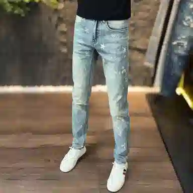 吉肯蒂 薄款潮流时尚印花修身弹力小脚长裤牛仔裤 男款