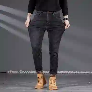 吉肯蒂 高端秋冬季加绒牛仔裤男高弹修身小脚显瘦韩版长裤 男款