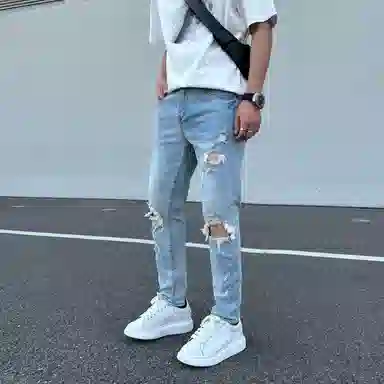 吉肯蒂 设计感弹力破洞乞丐韩版个性牛仔裤 男款
