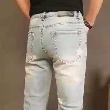 吉肯蒂 春夏薄款欧版潮流水洗印花百搭修身弹力牛仔裤 男款