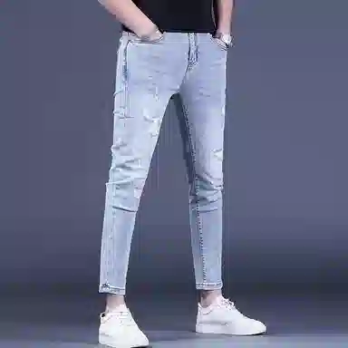 吉肯蒂 简约百搭薄款破洞牛仔裤 男款 浅蓝色九分