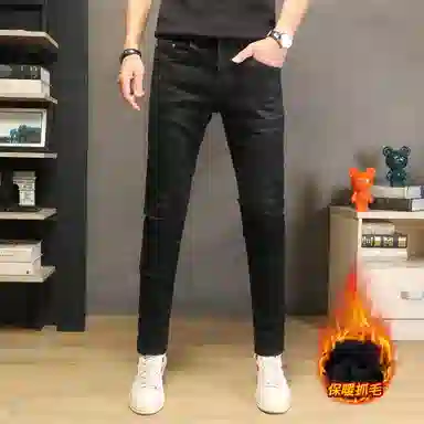 吉肯蒂 高端秋冬做旧牛仔裤男复古修身小脚裤潮流百搭九分薄绒长裤 男款