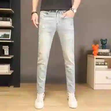 吉肯蒂 高端薄款破洞裤九分裤裤子潮流补丁浅色修身小脚裤牛仔裤 男款