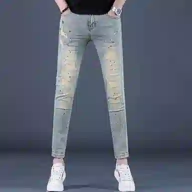 吉肯蒂 高端破洞印花九分裤修身小脚弹力紧身裤子牛仔裤 男款