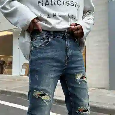 吉肯蒂 高街复古秋冬破洞彩绘牛仔裤男水洗弹力修身小脚裤长裤 男款