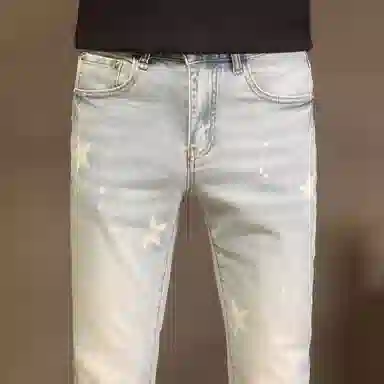 吉肯蒂 春夏薄款欧版潮流水洗印花百搭修身弹力牛仔裤 男款