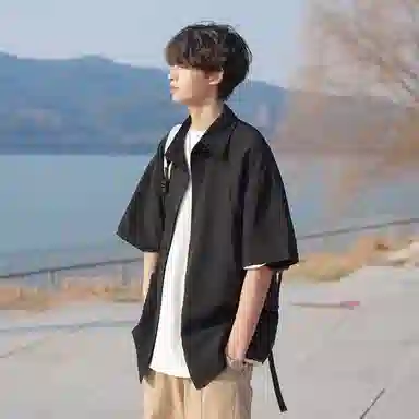 吉肯蒂 慵懒风冰丝速干痞帅纯色潮牌短袖衬衫 男款