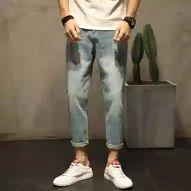 吉肯蒂 破洞薄款乞丐宽松直筒九分牛仔裤 男款