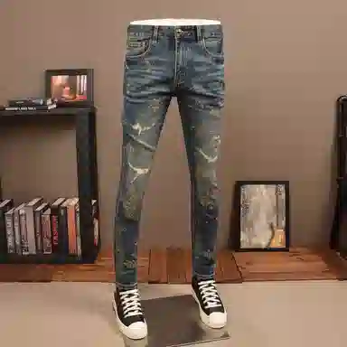 吉肯蒂 秋冬复古蓝破洞牛仔裤男弹力修身小脚潮牌长裤 男款