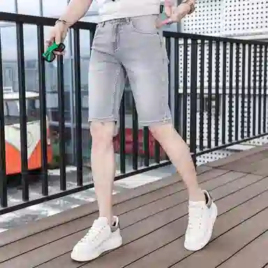 吉肯蒂 薄款浅灰色弹力男士轻奢高端中裤牛仔短裤 男款
