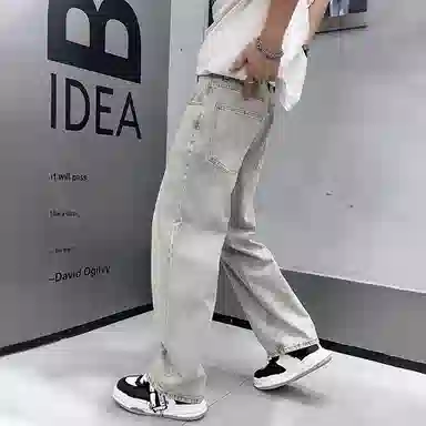 吉肯蒂 潮牌欧货弹力宽松直筒牛仔裤 男款
