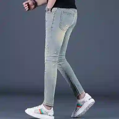 吉肯蒂 高端破洞印花九分裤修身小脚弹力紧身裤子牛仔裤 男款