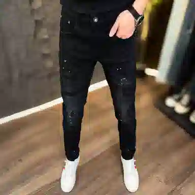 吉肯蒂 秋冬厚款抓绒男士修身小脚牛仔裤弹力破洞长裤 男款