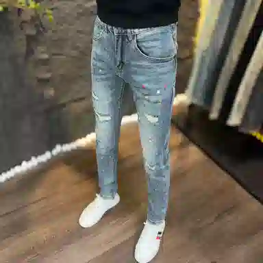 吉肯蒂 裤子潮流复古百搭破洞泼墨修身小脚裤弹力牛仔裤 男款
