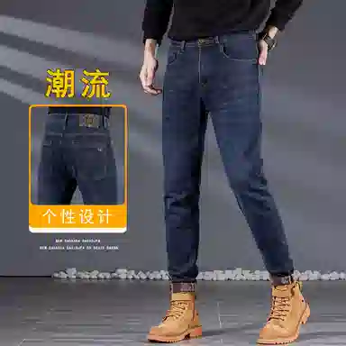 吉肯蒂 高端秋冬季加绒牛仔裤男高弹修身小脚显瘦韩版长裤 男款