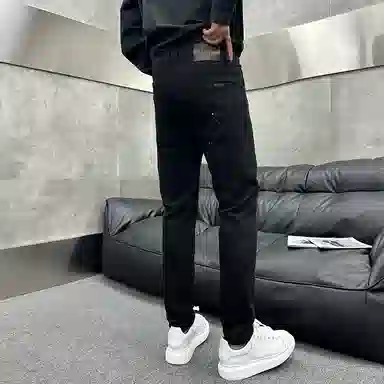 吉肯蒂 潮牌秋冬水洗破洞贴布高级泼墨修身小脚裤弹力长裤男牛仔裤 男款