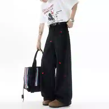 永言 爱心刺绣双色美式大码休闲裤 男女同款