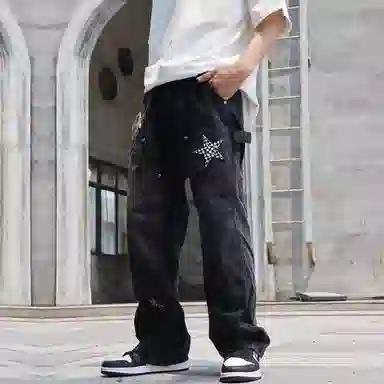 永言 高街复古宽松直筒拖地长裤子潮流个性痞帅阔腿牛仔裤 男女同款