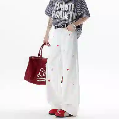 永言 爱心刺绣双色美式大码休闲裤 男女同款