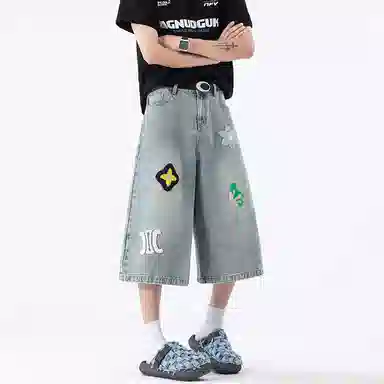 永言 夏日直筒毛巾刺绣美式宽松阔腿不贴腿牛仔短裤 男女同款
