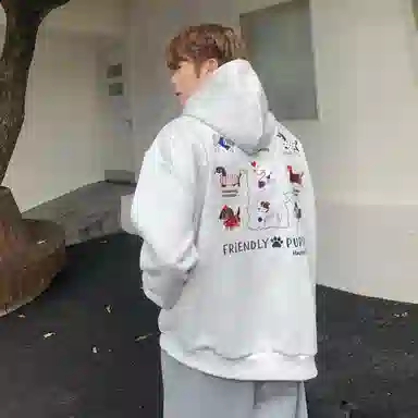 永言 小众腊肠狗刺绣秋冬简约外套男宽松休闲百搭套头上衣情侣连帽卫衣 男女同款