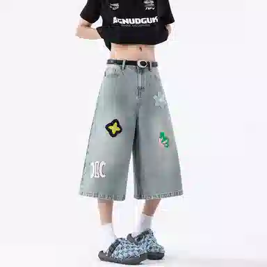 永言 夏日直筒毛巾刺绣美式宽松阔腿不贴腿牛仔短裤 男女同款