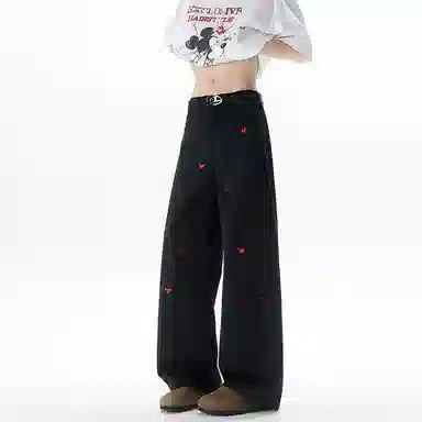 永言 爱心刺绣双色美式大码休闲裤 男女同款