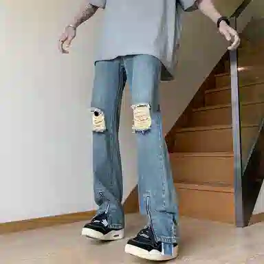 永言 破洞裤子男夏季薄款垂感长裤修身牛仔裤 男女同款