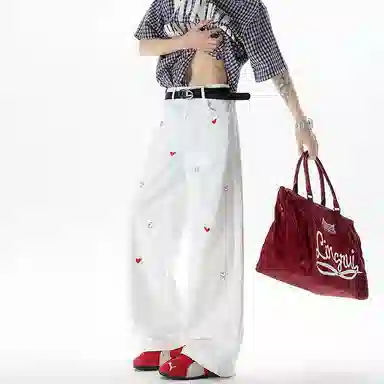 永言 爱心刺绣双色美式大码休闲裤 男女同款