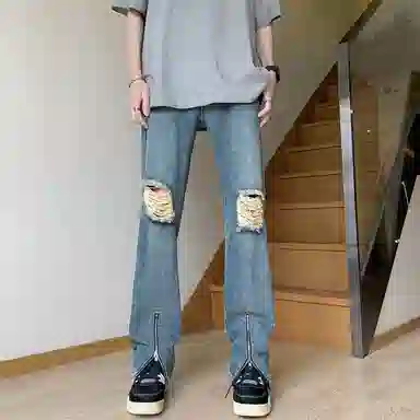 永言 破洞裤子男夏季薄款垂感长裤修身牛仔裤 男女同款