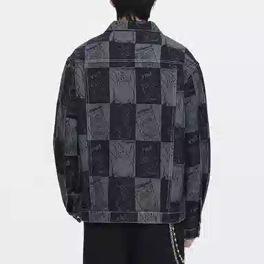 Gangzai Cartoon Jacquard Colorblock Denim Jacket