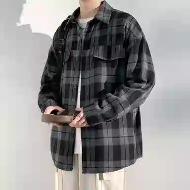 冈哉 港风复古格子双口袋拼接翻领单排扣设计美式潮流宽松松弛感衬衣外套外穿内搭叠穿休闲通勤长袖衬衫 男女同款