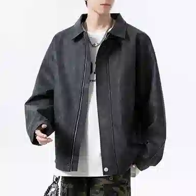 冈哉 美式复古纯色机场皮上衣时尚潮流翻领宽松休闲舒适百搭情侣日常皮衣外套 男女同款