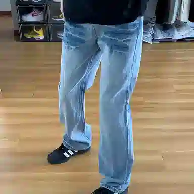冈哉 美式高街潮流复古潮牌小众猫爪痕闪电纹设计个性重水洗阔腿做旧弯刀百搭痞帅垂感宽松直筒日常通勤牛仔裤 男女同款