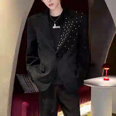冈哉 美式高街潮男潮流小众满天星铆钉亮片设计装饰领垫肩手工重工宽松休闲西服春秋季纽扣百搭舒适通勤西装  男女同款