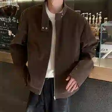 冈哉 美拉德麂皮皮上衣解构拼接立领设计美式复古高街痞帅休闲做旧纯色垂感小众夹克外套 男女同款